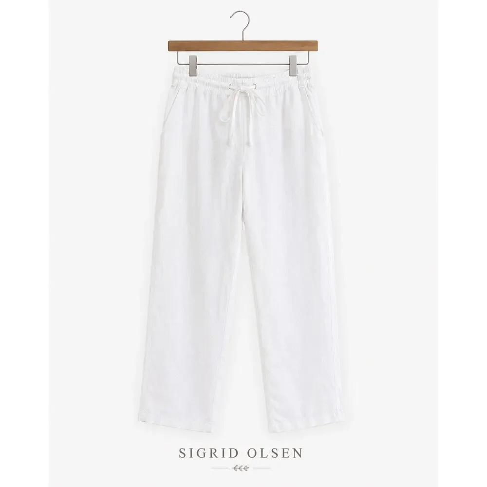 Sigrid Olsen White Linen Pull On Pants Elastic Waist Coastal Large Relaxed - Picture 1 of 8